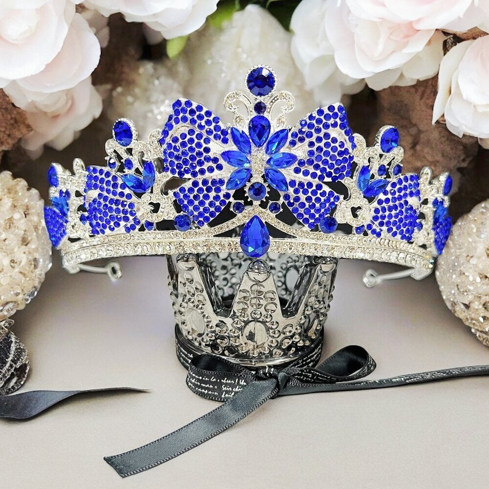 Crystal crown tiara, Vintage silver Crown, Blue bow tiara, Bridal crystal tiara